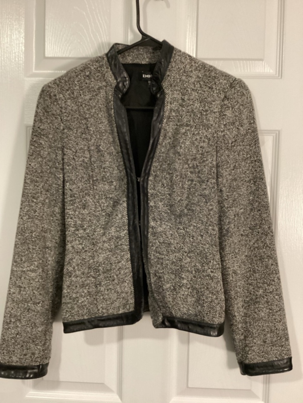 bebe Gray Tweed Blazer with Black Leather Trim and Metal Accents